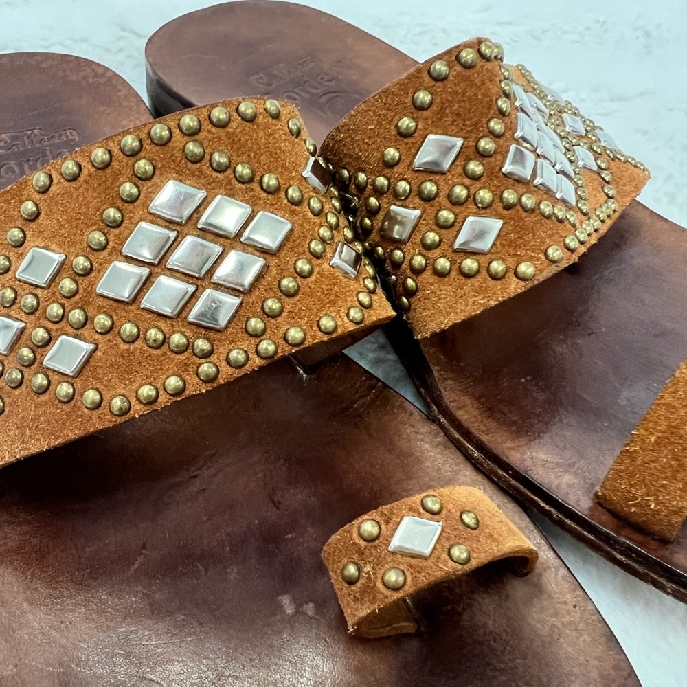 Embellished Tan Leather Sandals - Picture 9 of 10